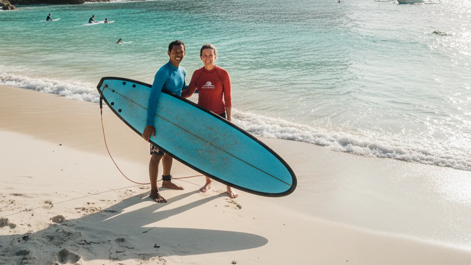 Surf school lesson on a white-sand Bukit beach below the Uluwatu cliffs